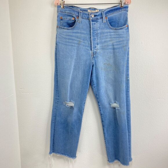 Levi Ribcage Straight Ankle Women Jeans Size 30 Button Front Med Wash Distressed - Picture 1 of 16